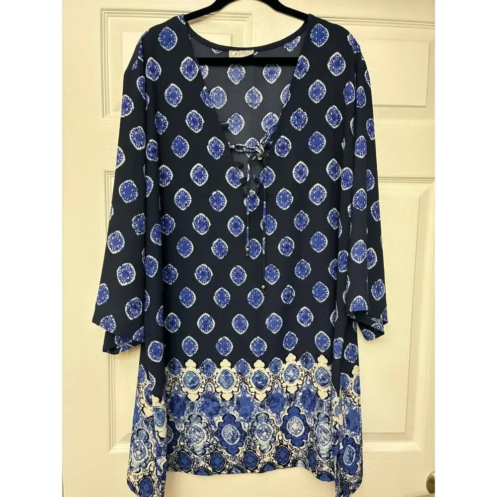 J Valdi Blue Medallion Print Tunic‎ Dress Women's Plus Size Boho Long Sleeve